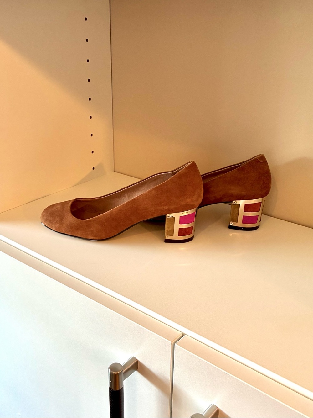 Nina Suede Block Heel Pumps in Brown with Accent Detail